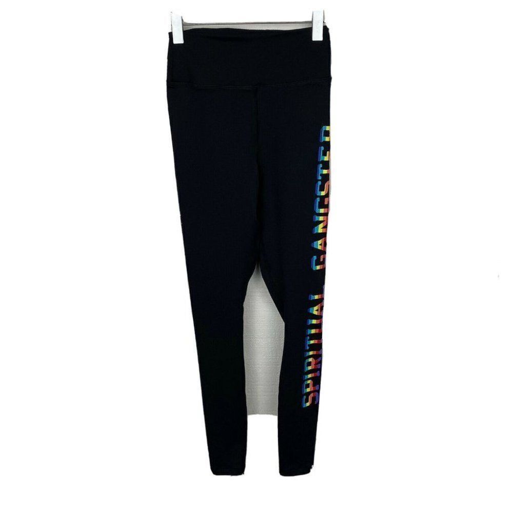 Spiritual Gangster Leggings XS Womens Black Rainbow Logo Side Stretch Mid Rise